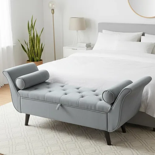 Miniatura 14 de Banco de almacenamiento de terciopelo para dormitorio, extremo de la cama con 2 almohadas, banco otomano tapizado con botones copetudos, reposapiés