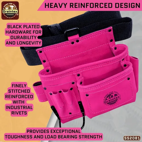 Miniatura 8 de Graintex Cinturón/Bolsa de herramientas de piel de ante de 5 bolsillos Rosa Cinturón de herramientas de cuero multiusos para mujeres y hombres