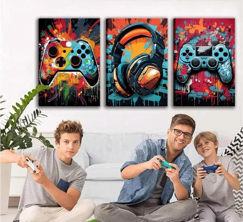 Miniatura 5 de 3 piezas de arte de pared para juegos geniales, pósters de acuarela de videojuegos retro, cuadros coloridos de mando de neón, impresiones de pintura