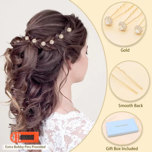 Miniatura 2 de Juego de 6 horquillas estilo Bobby con diamantes de imitación brillantes para bodas (dorado)