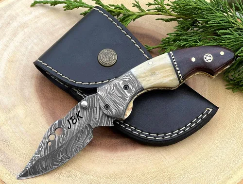 Cuchillo de bolsillo de acero de Damasco para hombres con funda de cuero, cuchillos de caza plegables hechos a mano de 7 pulgadas, con asa, cuchillo