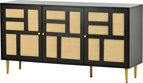 Miniatura 8 de KLMM Armario de almacenamiento moderno con puerta de ratán y estantes ajustables, soporte de TV para televisores de hasta 55 pulgadas, mesa consola