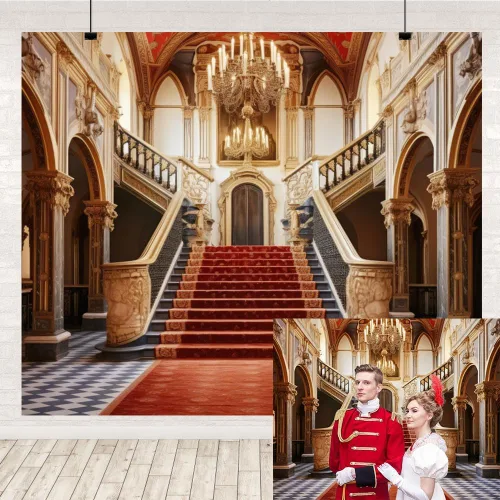 Lujoso telón de fondo de palacio de alfombra roja para boda, hotel, pasillo, escalera, fotografía de fondo, aniversario, despedida de soltera,