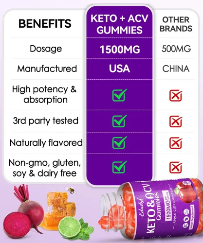 Miniatura 3 de Gomitas Keto ACV - Gomitas de vinagre de sidra de manzana de 1500 mg con probióticos, B12 y apoyo Keto, desintoxicación y limpieza, sin OGM