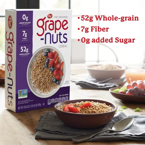 Miniatura 6 de Grape-Nuts Cereal de desayuno original, cereal crujiente de trigo integral y cebada, proyecto verificado sin OMG, caja de 20.5 onzas