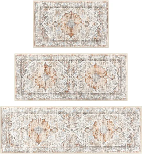 Miniatura 9 de Ileading Juego de 3 alfombras de cocina bohemias con corredor, alfombra de cocina, alfombras y tapetes antideslizantes lavables para cocina, suelo