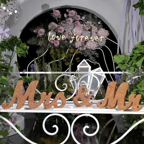 Miniatura 7 de Señal de Mr & Mrs para mesa de boda, letrero grande de madera de oro rosa con texto en inglés "Mr and Mrs & Just Married", decoración de mesa