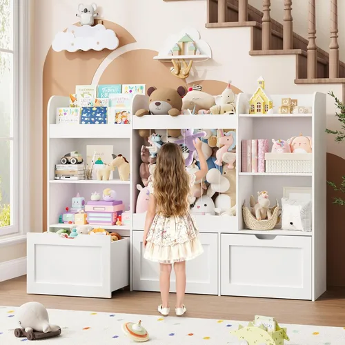 Miniatura 8 de Organizador de almacenamiento de juguetes para niños de 61 pulgadas de ancho con estantería, organizadores de juguetes extra grandes con Blanco