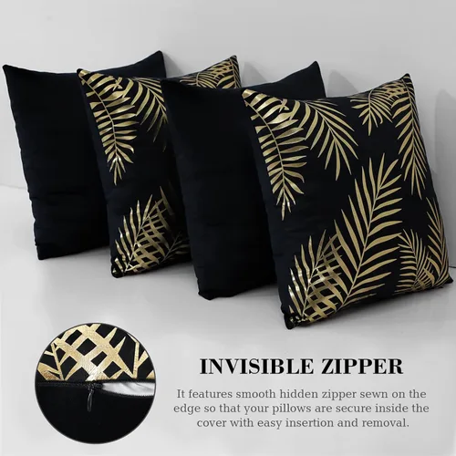 Miniatura 6 de OTOSTAR Paquete de 4 fundas de almohada de terciopelo suave con hojas doradas, fundas de almohada decorativas modernas, fundas de almohada B-black