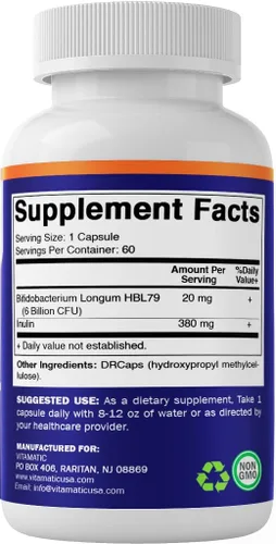 Miniatura 8 de Vitamatic Bifidobacterium Longum 6 mil millones de UFC por cápsula DR - 60 unidades - Promueve la salud intestinal - Fabricado con fibra prebiótica
