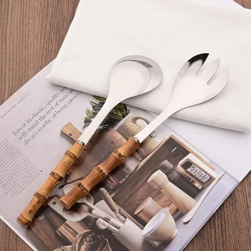 Miniatura 5 de Juego de 2 cucharas de servir de acero inoxidable de 10.0 pulgadas con mango de bambú natural, grandes utensilios plateados para servir, cucharón