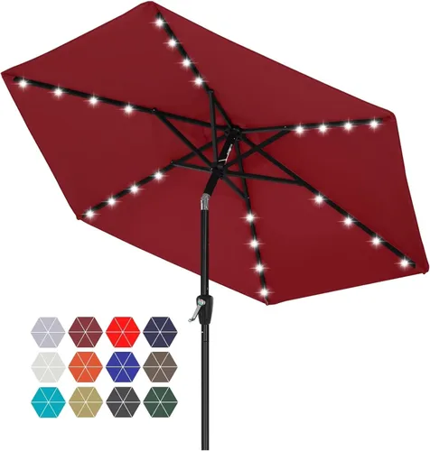ABCCANOPY Sombrillas solares duraderas para patio con 24 luces LED de 7.5 pies con 6 varillas resistentes (borgoña)