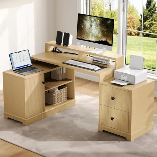 67" L Shaped Executive Desk with Drawers & Storage Shelf, Corner Computer Desk with Power Outlets, Home Office Desk with Monitor Stand, Printer