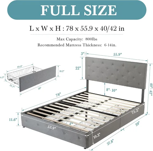 Miniatura 2 de HOOMIC Base de cama de almacenamiento de plataforma de tamaño matrimonial con 4 cajones y cabecera ajustable, listones de madera, no necesita Gris