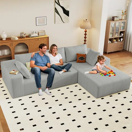 Miniatura 31 de Sofá seccional modular de 96", sofá en forma de L tipo nube sin estructura con chaise lounge, tapizado de pana con asiento profundo de espuma Negro