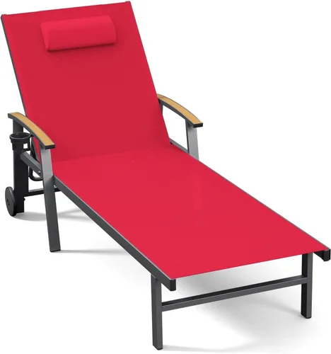 Miniatura 31 de Ciokea Sillón para exteriores con almohada, tumbona de aluminio de 5 posiciones con ruedas y reposabrazos, silla de piscina resistente de 400 libras