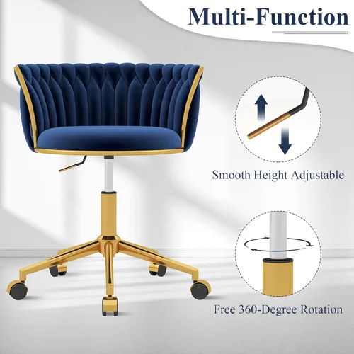 Miniatura 7 de ABET Silla de tocador con ruedas, pequeña silla de escritorio de terciopelo para oficina, taburetes de maquillaje semicirculares tejidos a mano