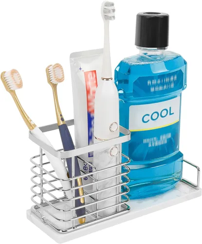 Miniatura 12 de Soporte para cepillos de dientes, lujoso soporte de metal para cepillo de dientes y pasta de dientes con base de mármol para baño, diseño calado