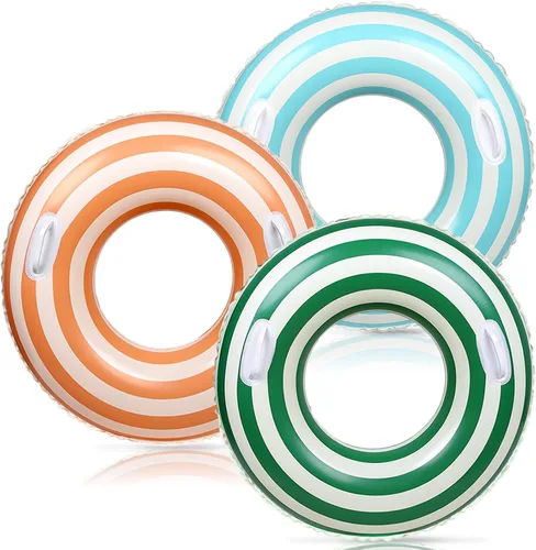 Whaline 3 piezas de tubo inflable para piscina con asas, retro, naranja, verde, azul, rayas, anillos de piscina, flotadores, tubo para tumbonas de