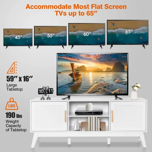 Miniatura 6 de Tangkula Soporte de TV de ratán para televisores de hasta 65 pulgadas, mesa consola de TV multimedia con estante ajustable, gabinetes de 2 puertas