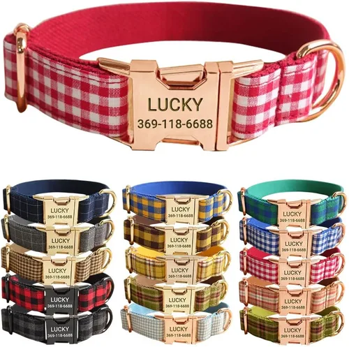 Miniatura 18 de PETDURO Collar de Perro a Cuadros Personalizado Verde Manzana - Nombre y Número de Teléfono Grabados en Hebilla de Metal Oro Rosa - Personalizado
