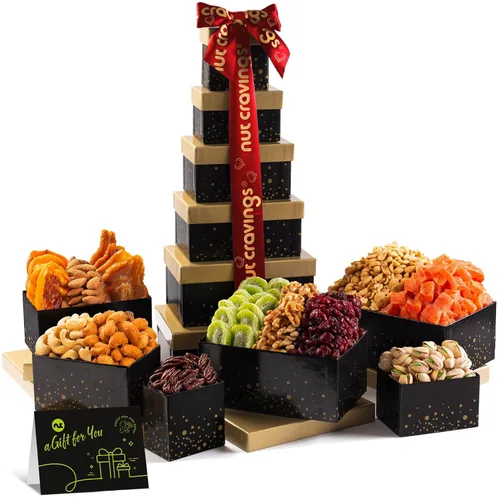 Miniatura 15 de NUT CRAVINGS - Cesta de regalo de frutas secas y nueces mixtas, torre roja + cinta de corazón (12 surtidos), arreglo de alimentos, paquete