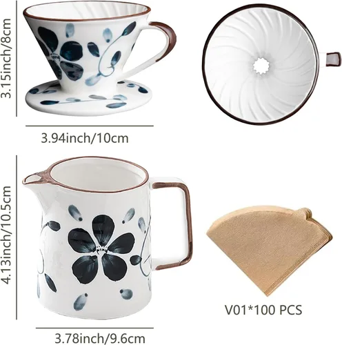 Miniatura 7 de Juego de cafetera de cerámica con un solo agujero, cafetera y 100 filtros de papel para el hogar, viajes, camping (1-2 tazas)