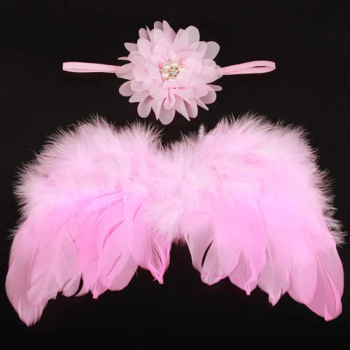 Miniatura 3 de Katutude Accesorios de fotografía para bebé recién nacido, alas de ángel de plumas rosadas, conjunto de diadema de flores, accesorios de fotos