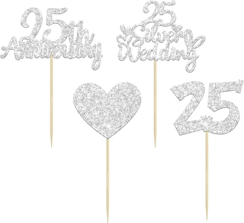 Miniatura 3 de Gyufise 24 adornos plateados para cupcakes de 25 aniversario, boda, aniversario de 25 años, decoración de pastel de corazón para 25 decoraciones