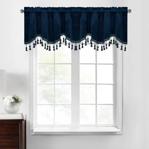 Miniatura 38 de StangH Cortinas decorativas de lujo, cenefa azul con bloqueo de luz, cenefa festoneada para ventana pequeña con bolsillo sólido para barra, cortina