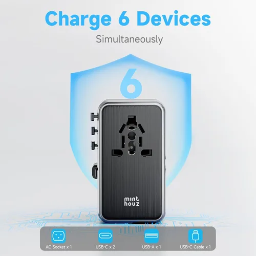 Miniatura 2 de Minthouz Adaptador de viaje universal, adaptador de corriente internacional de 100 W, cargador rápido GaN con 2 USB-C PD, 1 cable USB-C y puertos A