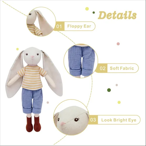 Miniatura 4 de Peluche de conejo de 15 pulgadas para bebé, muñeca de juguete de peluche, con camiseta y pantalones a rayas, lindo juego de muñeca para niñas de 3