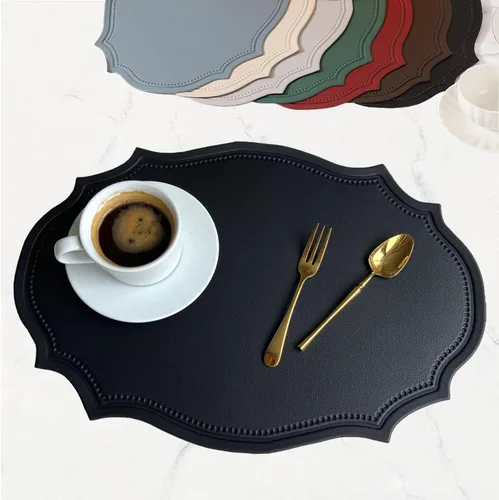 Juego de 6 manteles individuales de cuero lavables, manteles individuales de cuero sintético negro grueso resistentes al calor con forma elíptica,