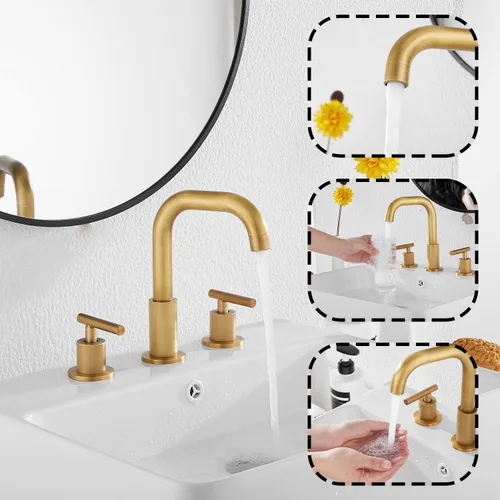 Miniatura 4 de Caño giratorio de 360°, 2 asas, 3 agujeros, 8 pulgadas, grifo de lavabo de baño de latón antiguo a juego con desagüe desplegable para baño