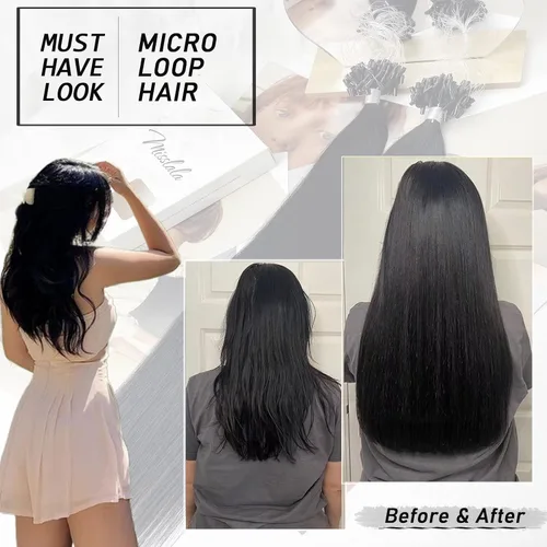 Miniatura 2 de Extensiones de cabello humano microlink de 16 pulgadas, extensiones de cabello natural suave de microcuentas, color #1 negro azabache, 100% cabello