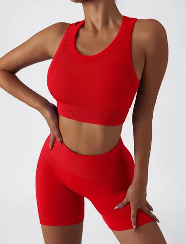 Miniatura 74 de Conjuntos de entrenamiento para mujer, 2 piezas, sin costuras, acanalada, sin mangas, brasier deportivo, cintura alta, pantalones cortos