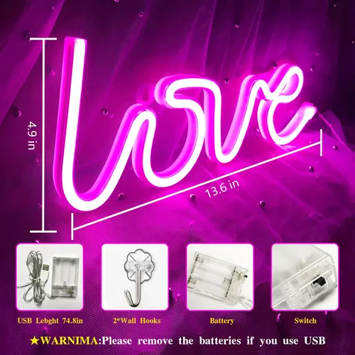 Miniatura 5 de Letrero de neón de amor para dormitorio, USB o batería, luz de neón para pared, luz de neón LED como letreros de pared de neón para niñas, letrero