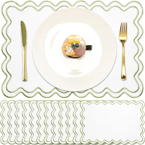 Miniatura 17 de Juego de 12 manteles individuales de lino festoneados de 13 x 19 pulgadas, bordado ondulado, doble capa, lavable, para cena, boda, fiesta