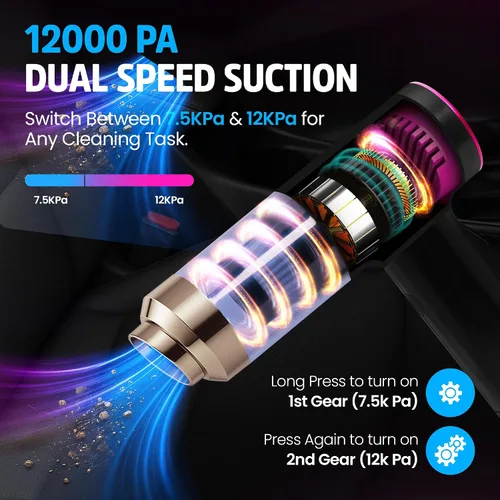 Miniatura 2 de Aspiradora de mano para automóvil, doble succión 7.5K y 12k Pa, mini portátil Soplador, inflador, desinflador y recogedor de polvo para automóvil