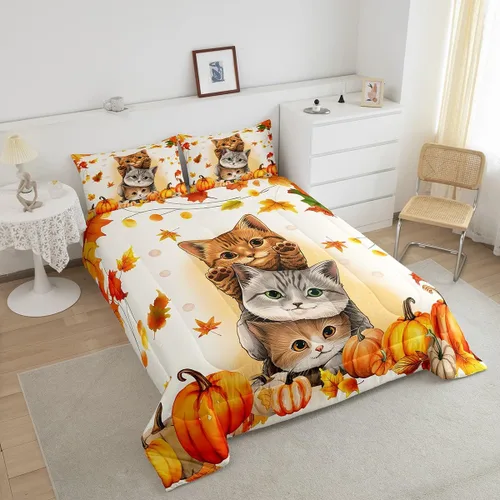 Miniatura 3 de Erosebridal Juego de edredón de gatos lindos para niños, juego de ropa de cama de calabaza y hoja de arce para niñas y niños, juego de edredón