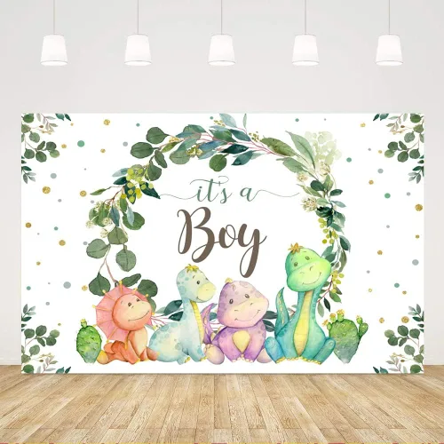 Decoraciones de dinosaurio para baby shower para niño, telón de fondo de dibujos animados, cactus y hojas de eucalipto, fondo de fotografía,
