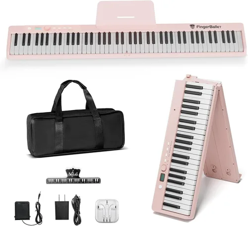 Miniatura 8 de Teclado de piano portátil, piano digital plegable semipesado de 88 teclas, tamaño completo, grano de madera, teclado de piano eléctrico con Negro