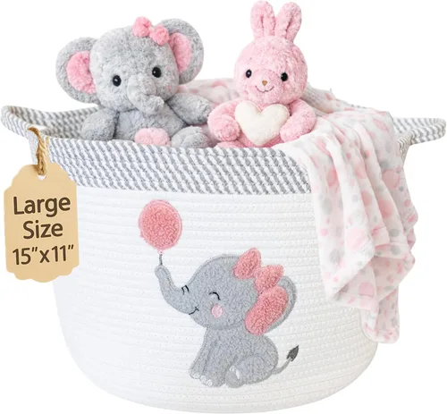 Miniatura 13 de Cesta de almacenamiento de conejo para guardería, cubo grande de cuerda de algodón de 15 x 11 pulgadas con parche bordado suave de conejo