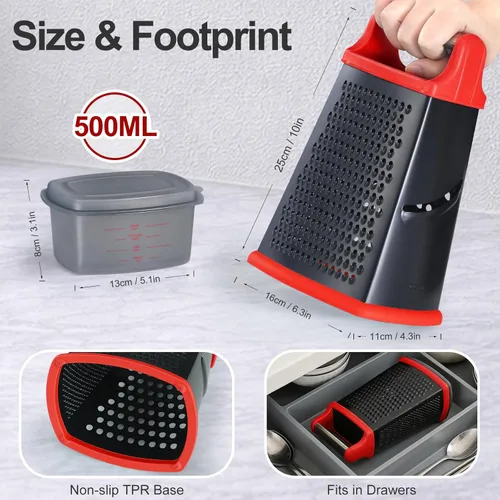Miniatura 3 de Ourokhome Rallador de queso con asa, rallador de caja de acero inoxidable, triturador de verduras de cocina de 4 lados con recipiente para Couating