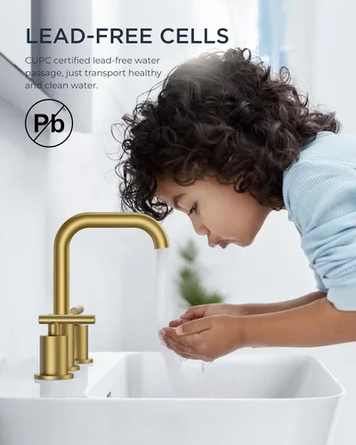 Miniatura 3 de FORIOUS Grifo de lavabo de baño dorado cepillado de 3 agujeros, 2 manijas de 8 pulgadas de separación amplia, grifos de baño, boquilla giratoria