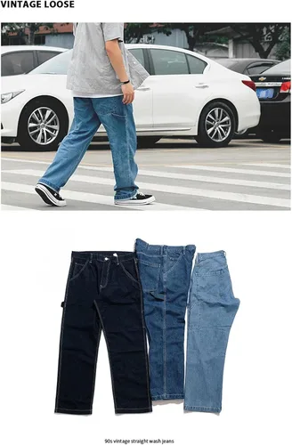 Miniatura 3 de KOCHHA Pantalones vaqueros grandes anchos de algodón de ajuste relajado Carpenter Jean Denim Pantalones Hip Hop azul