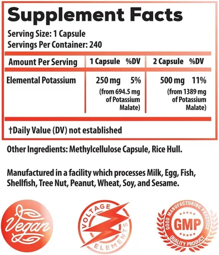 Miniatura 2 de Malato de Potasio 1389mg - Producción de ATP y energía celular, equilibrio electrolítico - Potasio elemental 500mg (240 cápsulas) vegano