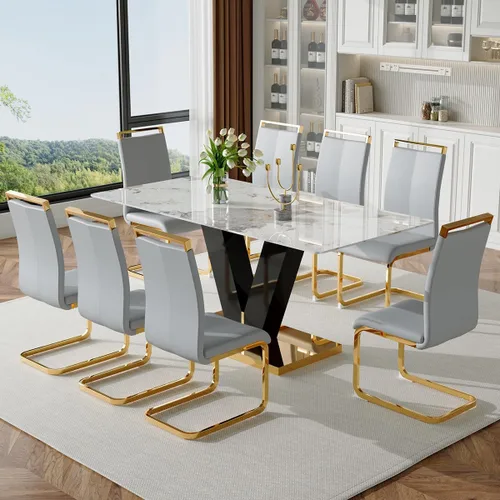 Miniatura 8 de Juego de mesa de comedor para mesa de comedor de mármol de 6,71 pulgadas, mesa de cocina moderna con 6 sillas de piel sintética, juego de mesa