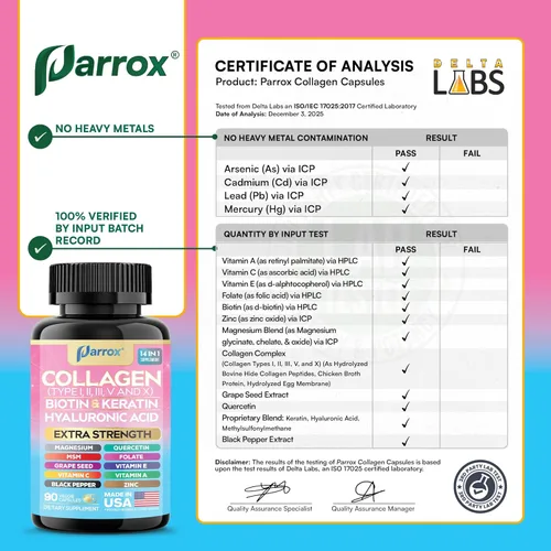 Miniatura 9 de Péptidos de colágeno Parrox Tipos I, II, III, V y X, Biotina MCG, Queratina, Ácido Hialurónico, MSM, Zinc, Extracto de semilla de uva, Quercetina