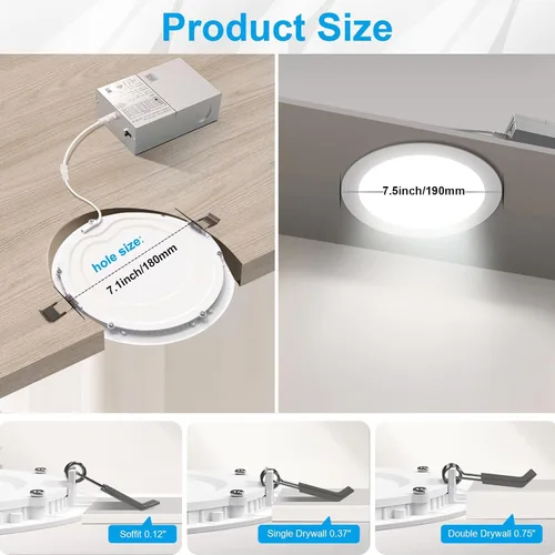Miniatura 5 de Elaruslux Luz empotrada de 7 pulg 3CCT ultradelgada LED con caja de conexiones, 3000K/4500K/6000K seleccionables, 18W equivalen a 125W, luces